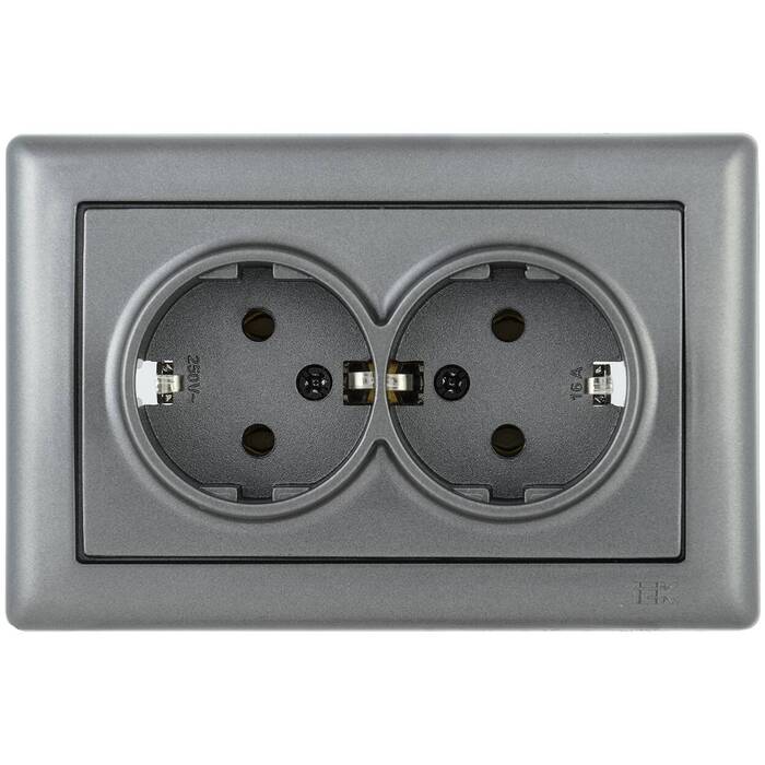 Розетка двойная IEK BOLERO, скрытый монтаж, с заземлением, антрацит, ERB21-K95-16
